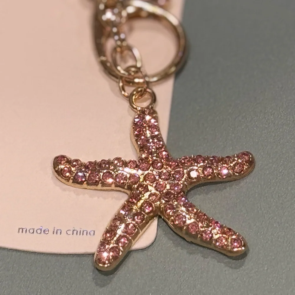 BAG CHARM Mint Starfish Keychain - Sparkly Crystal Sea Star Keyring Pink & Gold - Picture 2 of 6